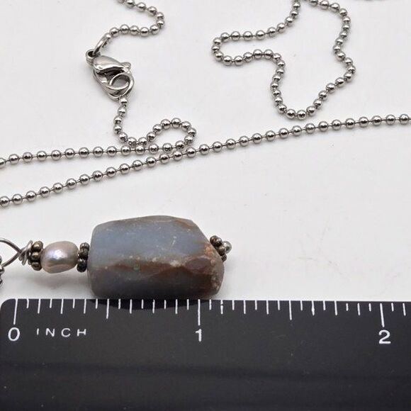Raw Blue Chalcedony & Pearl Pendant Necklace Boho Natural Stone Ball Chain - Picture 6 of 6